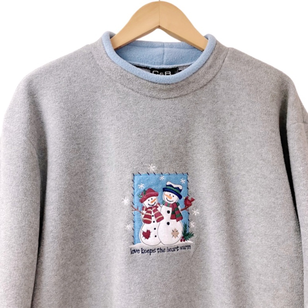 Vtg C&B Sport Womens Fleece Pullover Top SIZE Large Gray Embroidered Snowman - Picture 3 of 7